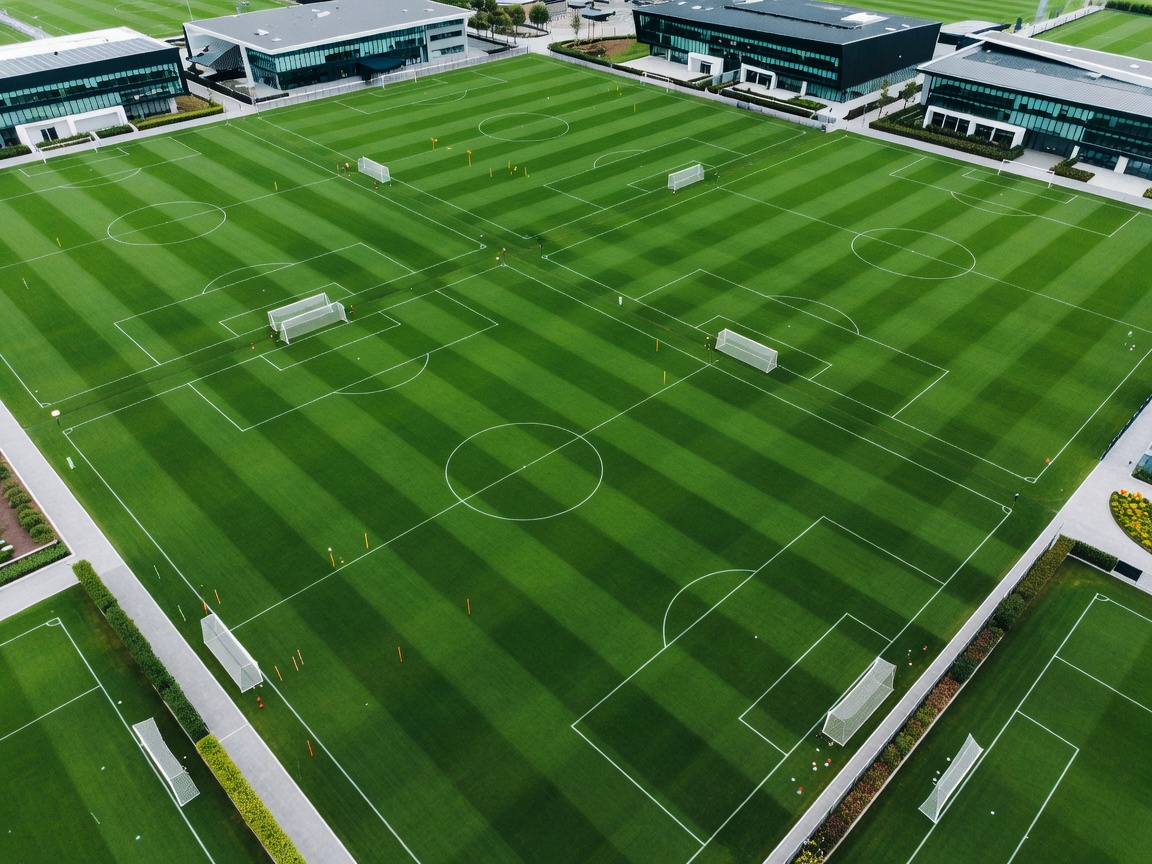 Aerial perspective of modern football training pitches at JTC Continassa