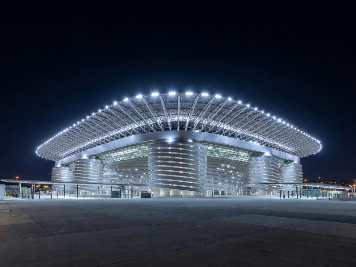 Illuminated night view of Allianz Stadium with iconic pylons and architectural lighting in Turin