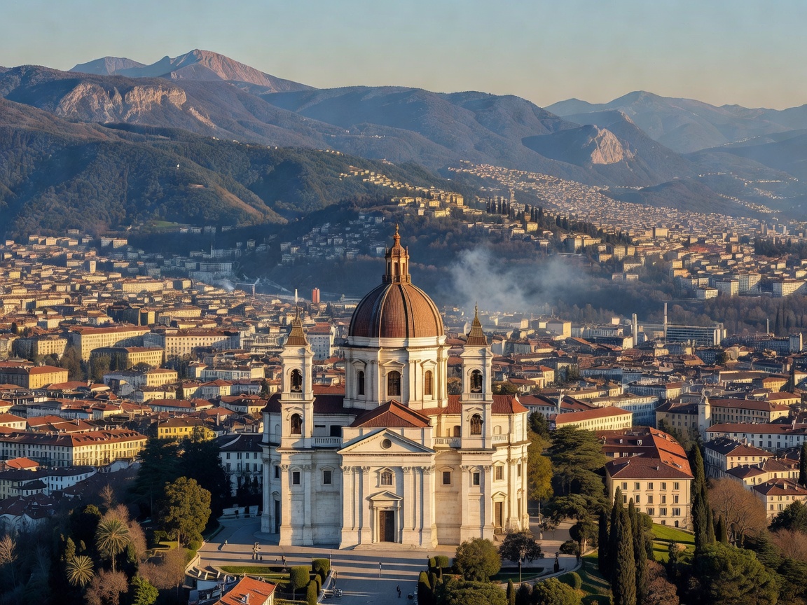 The Basilica of Superga overlooking the city of Turin against alpine hills